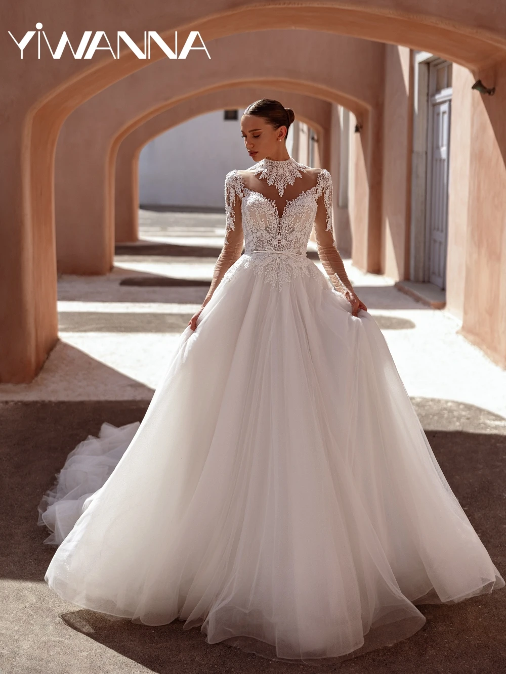 

Dreamy Embroidery Beaded A-line Tulle Wedding Dress Modest High Collar Long Sleeve Bridal Gown Customized New Dresses For Bride