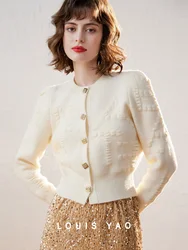 LOUIS YAO 2024 Winter Round Neck Sweater Women's Coat Elegant Three Dimensional Pattern Long Sleeve Cardigan Knitted Sweater