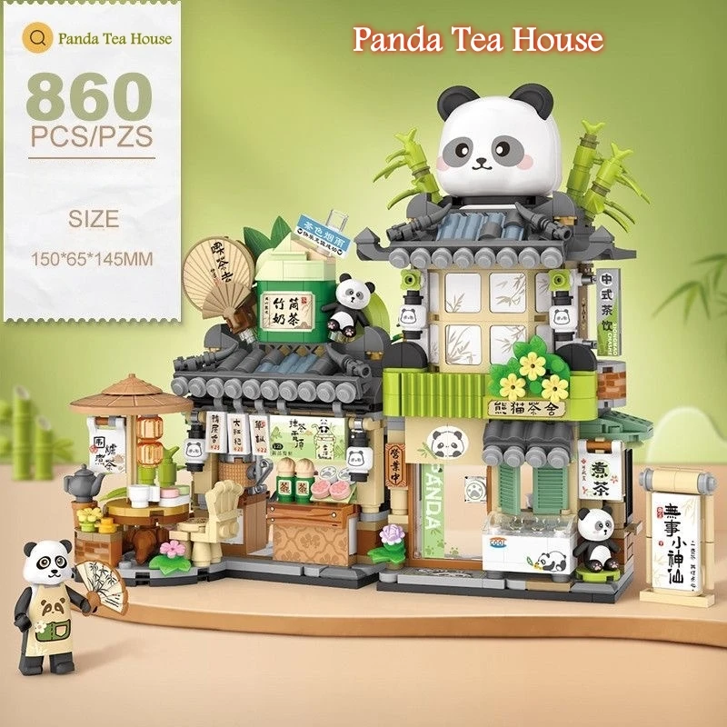 Bamboo Stream Inn Panda Teehaus Bausteine Kreative Straßenszene Architekturornamente Geschenke für Geburtstag Weihnachten Neujahr
