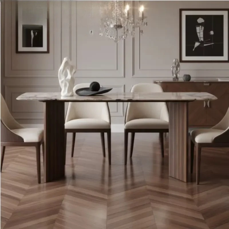 

Custom Modern Stone Elephant White Marble Top Dining Table Stainless Steel Legs Eucalyptus Veneer for Apartment Villa 6