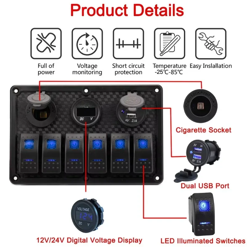 6 Gang Boat Marine Rocker Switch Panel With Waterproof Toggle Switches 3.1A Dual USB Charger 12V 24V Blue LED Voltmeter