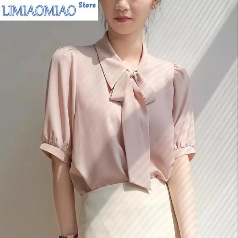 

Весенне-летняя элегантная шифоновая женская блузка с бантом, новые корейские повседневные свободные офисные рубашки с короткими рукавами и отложным воротником