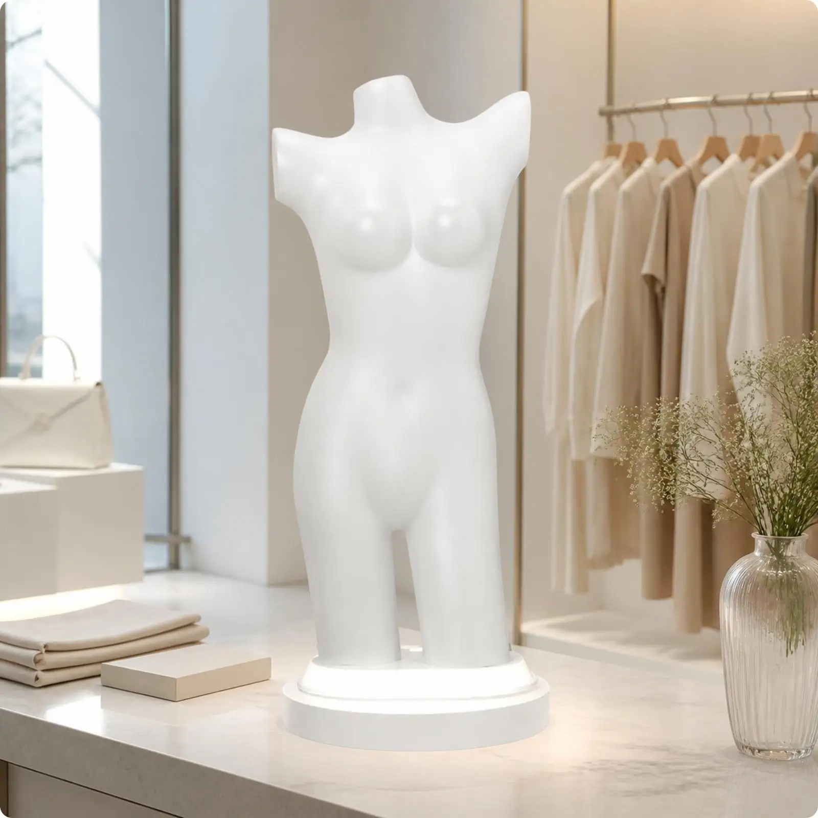PE Female Dress Form with Light Matte Female Torso Mannequin with Base Illuminated Clothing Display Form Compact