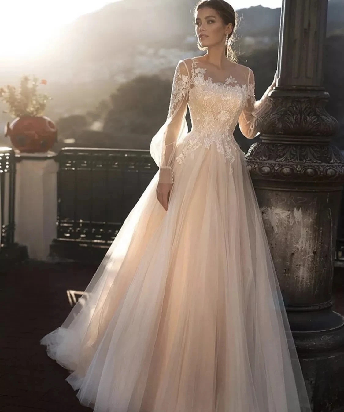 

2023 A-Line Wedding Dresses O-Neck Lantern Sleeve Lace Appliques Sequined Button Tulle Floor For Women Custom Made Civil Robe Ma