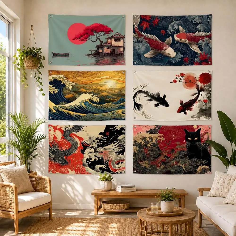 Japanese Ukiyoe Scenery Koi Flags Flag Soft skin-friendly Durable Tapestry Outdoor party Home living room bedroom Decoration