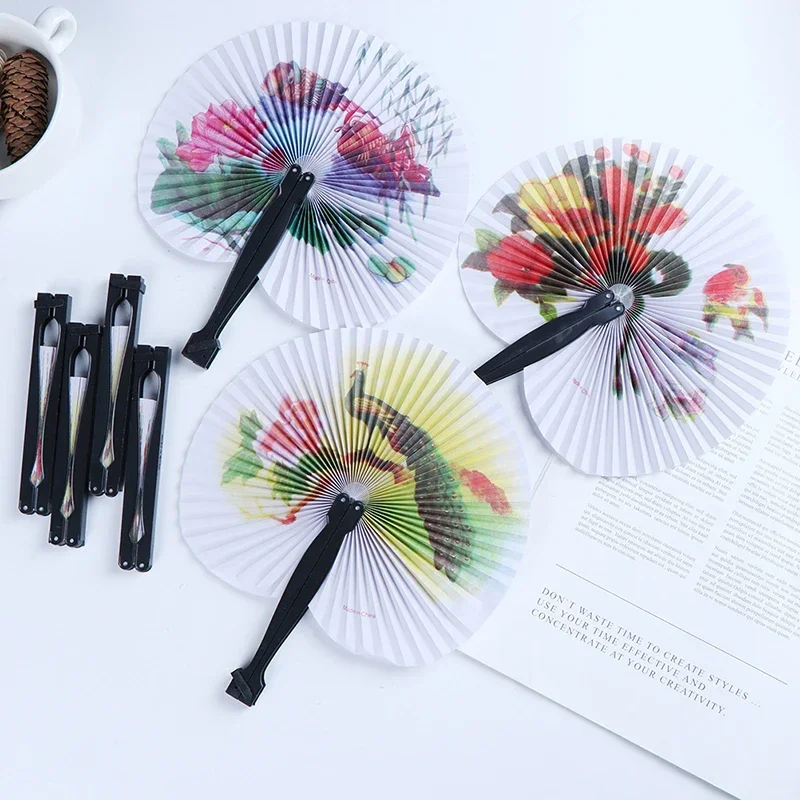 Mini Hand-held Round Paper Blower, Chinese Style, Small Flower-and-bird Painting, Foldable Blower, Decorative Gift, Summer, 1PCS