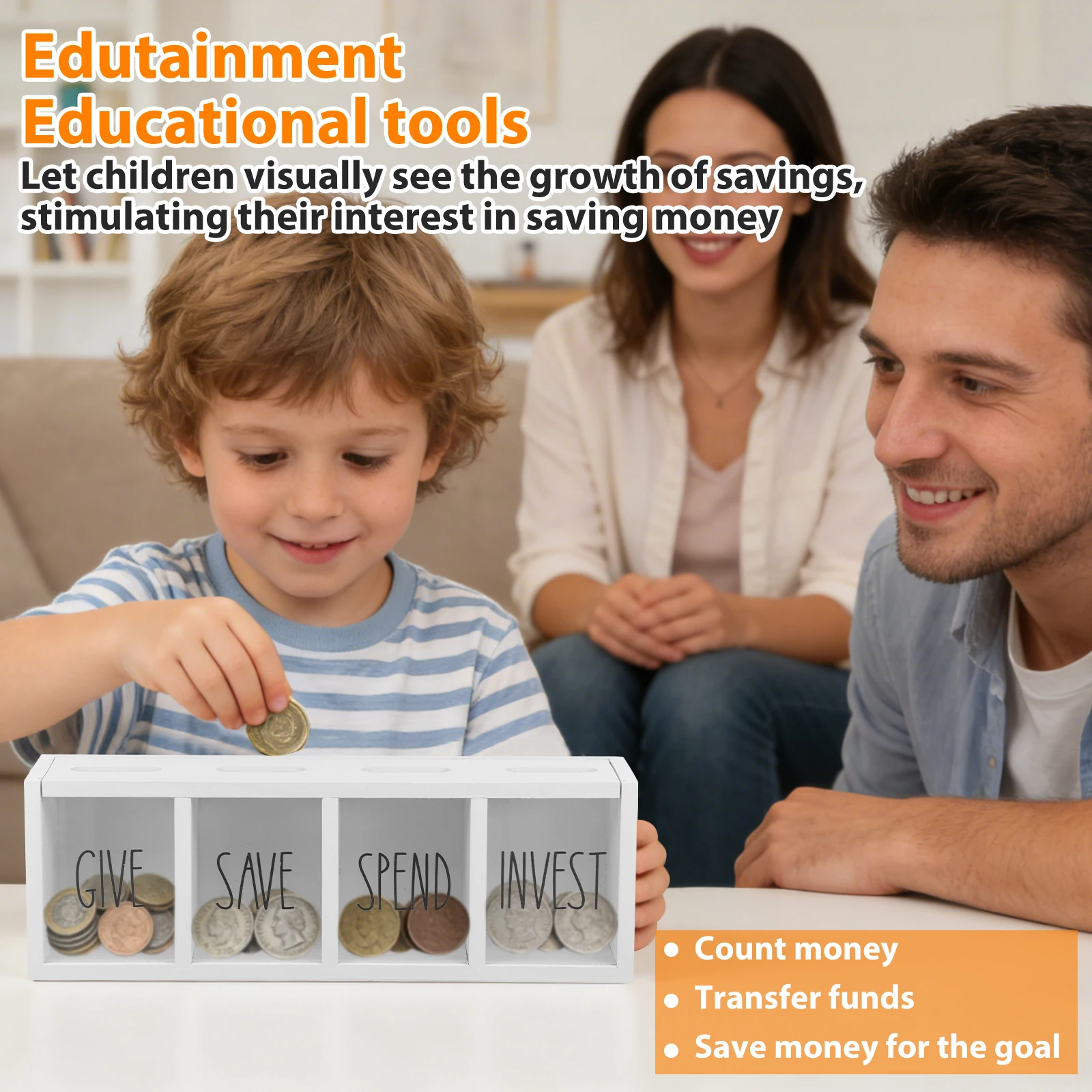 4 Grids Give Save Spend Invest Daily Cash Bill Money Box Kid Piggy Bank Wooden Wall Mount Visualized Magnetic Lid