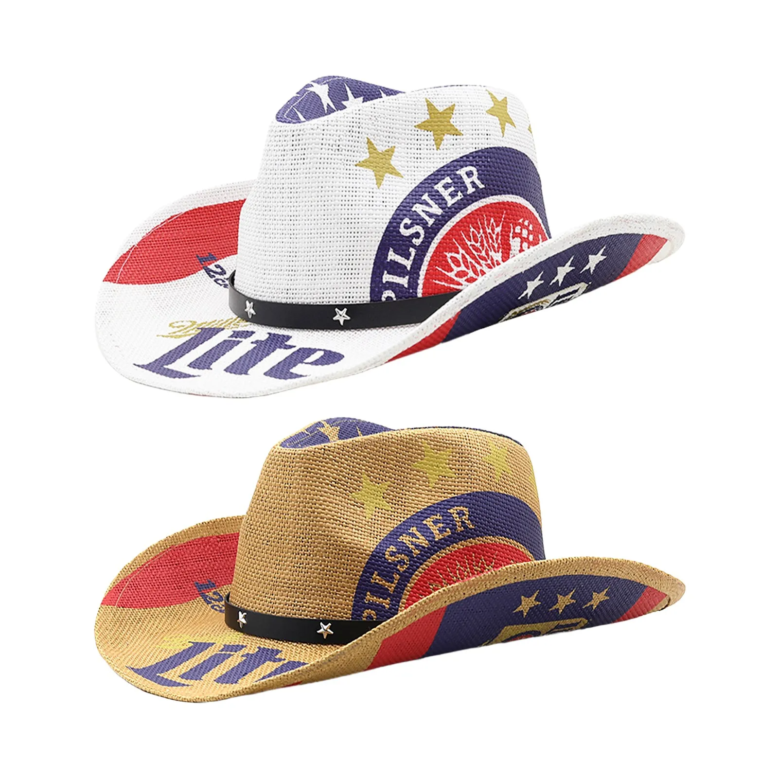 

Western Style Printed Straw Cowboy Hat with Curved Brim Prairie Star Jazz Hat