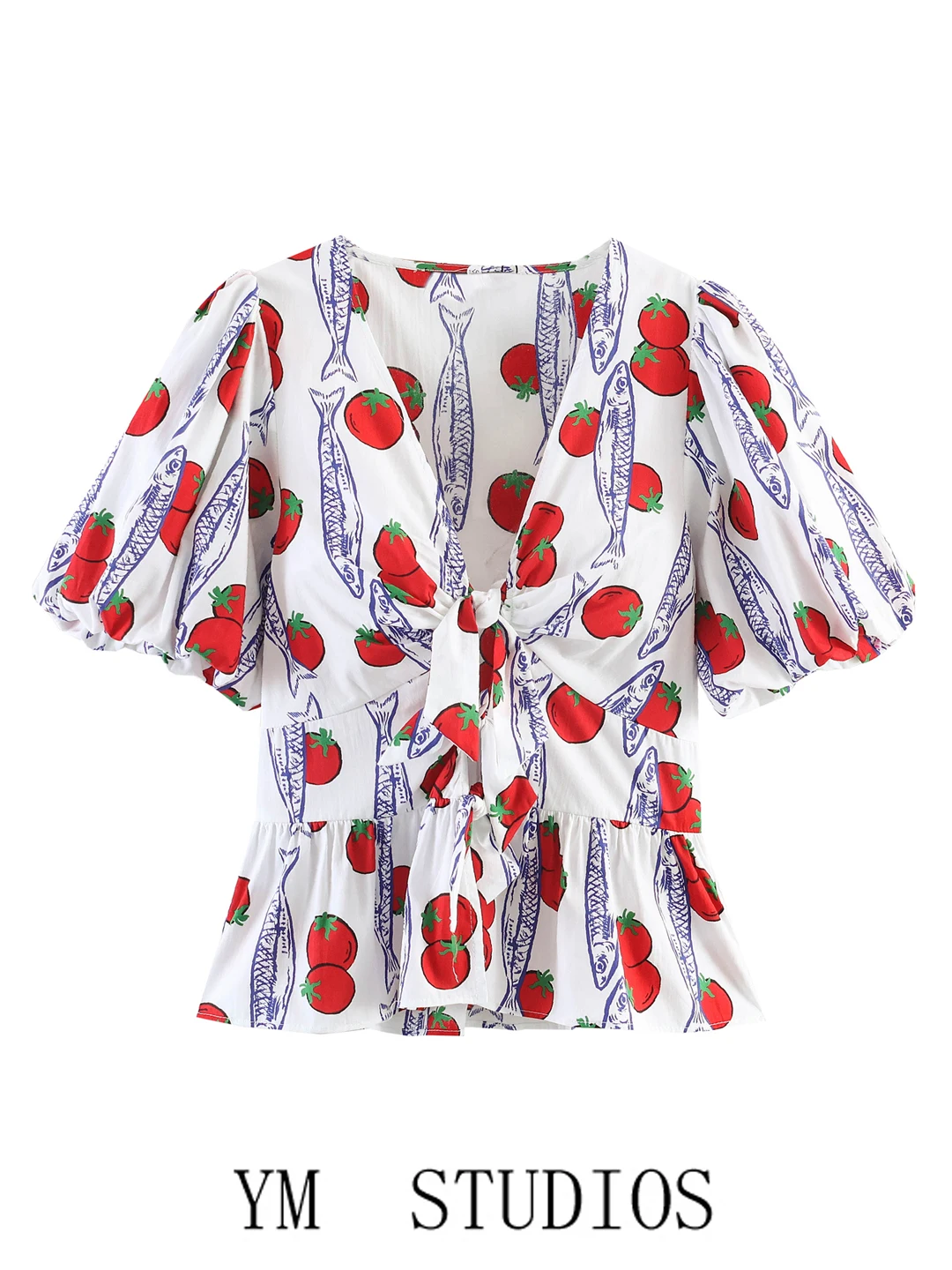 Women's Bubble Sleeve Shirt Fruit Print Deep V-neck Knot Design Top Polyester Fiber Short Sleeve Regular Length Polyester Fib...