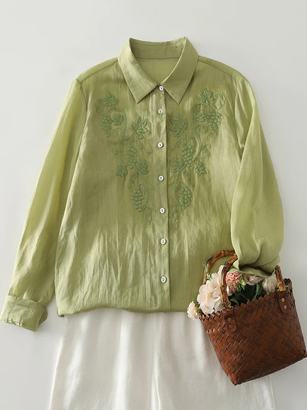 

Ele Embroidered Color Casual Long Sve irt Loose Fit Women's Faionable Button up Cotton Blend Autumn Top