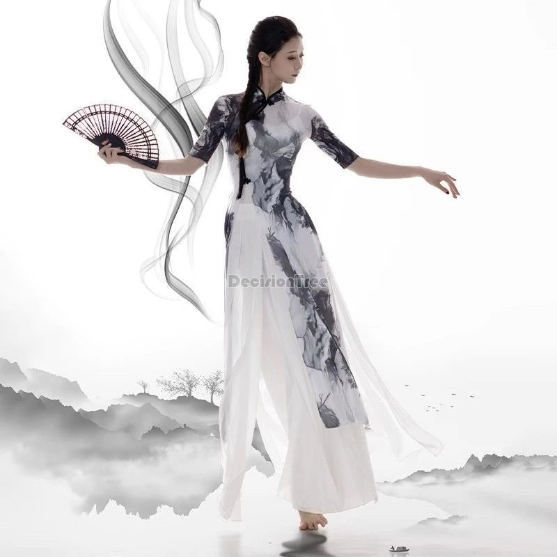 2025 chinese ink style classical dance qipao set folk dance fairy printing gauze qipao new yogo shaping training vintage outfit