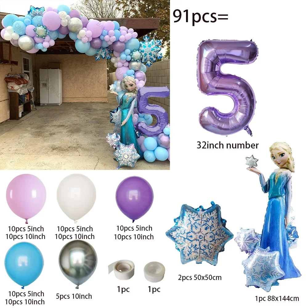 91pcs/set Disney Frozen Theme Elsa Anna Princess Balloon Garland Arch Kit Snowflake Ballon Birthday Baby Shower Decoration