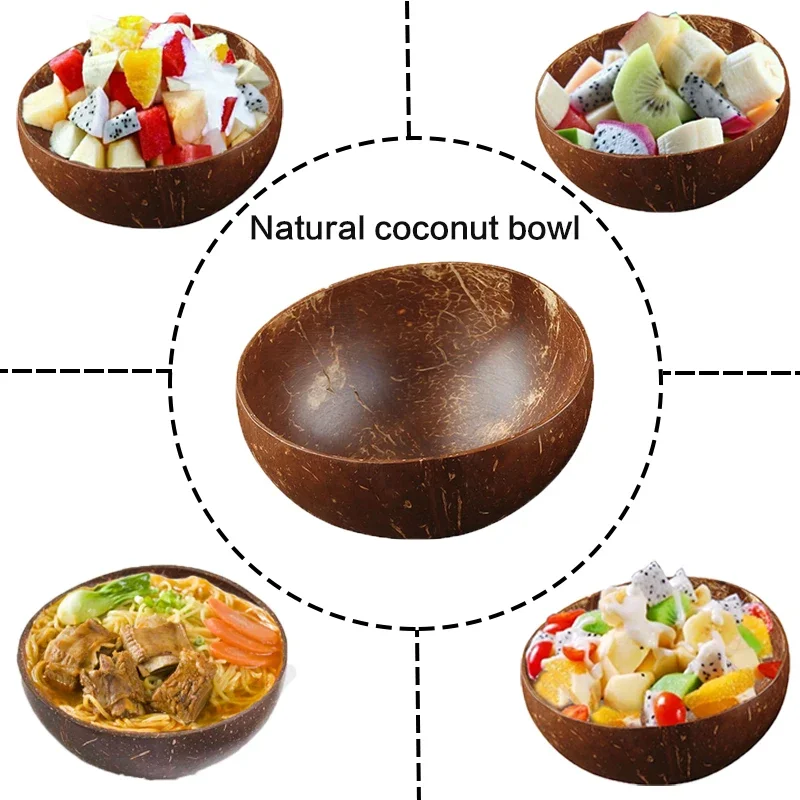 12-15cm Natural Coconut Bowl set wooden Salad Ramen bowl Coconut Wood Spoon Set coco smoothie Kitchen tableware Coconut bowl