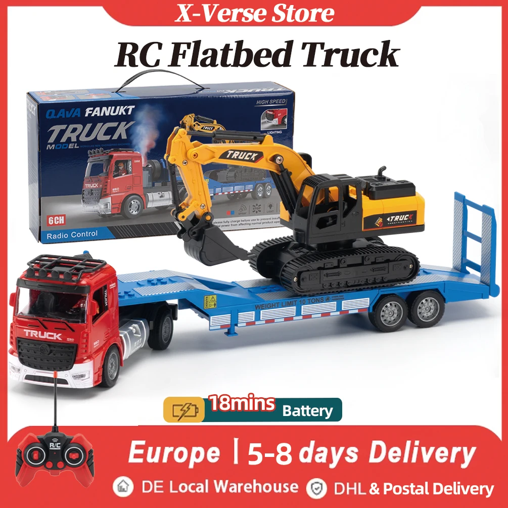 Auto telecomandata a 6 canali per camion a pianale RC con escavatore a inerzia, veicolo di ingegneria staccabile, regalo per bambini