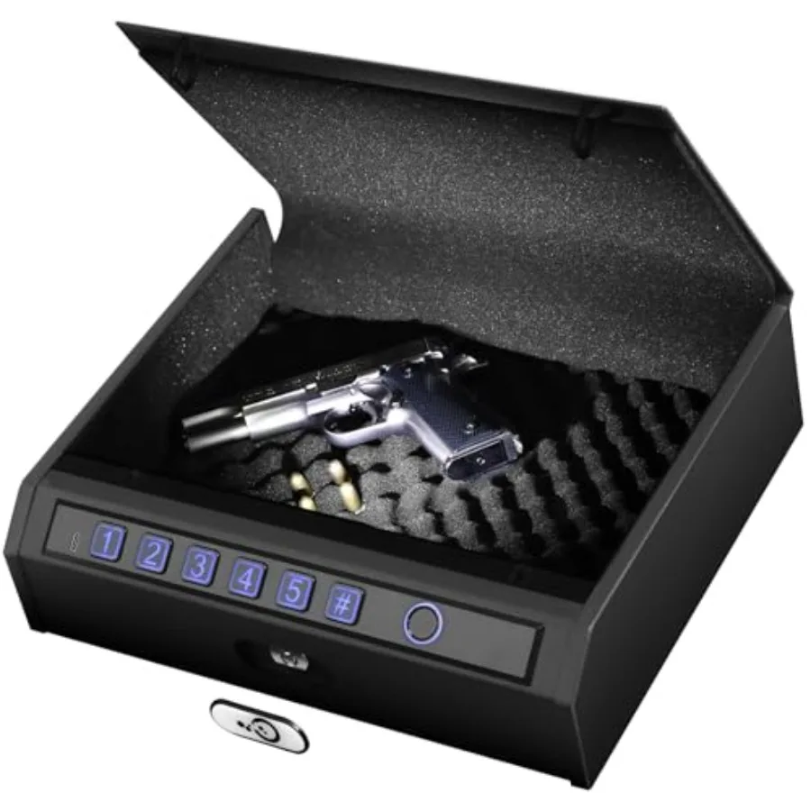

Biometric Gun Safe for Handgun Quick Access Fingerprint Pistol Safe with Keypad Silent Mode Holds 2 Pistols - Home Car Nightsta
