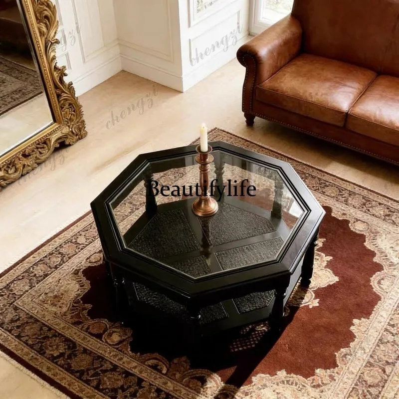 A73 French retro solid wood tea octagon glass desktop living room black rattan coffee table