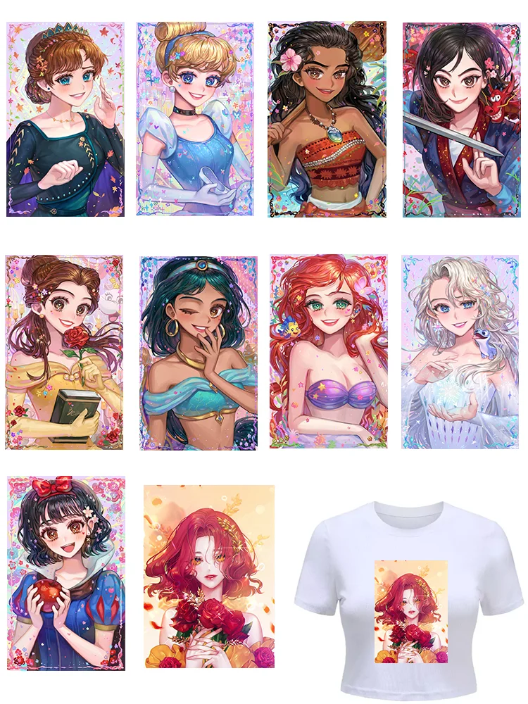 10 models Ariel/Belle/Jasmine/Elsa/Anna princesses Iron on patches clothes stickers DIY girls t-shirt stripes appliques