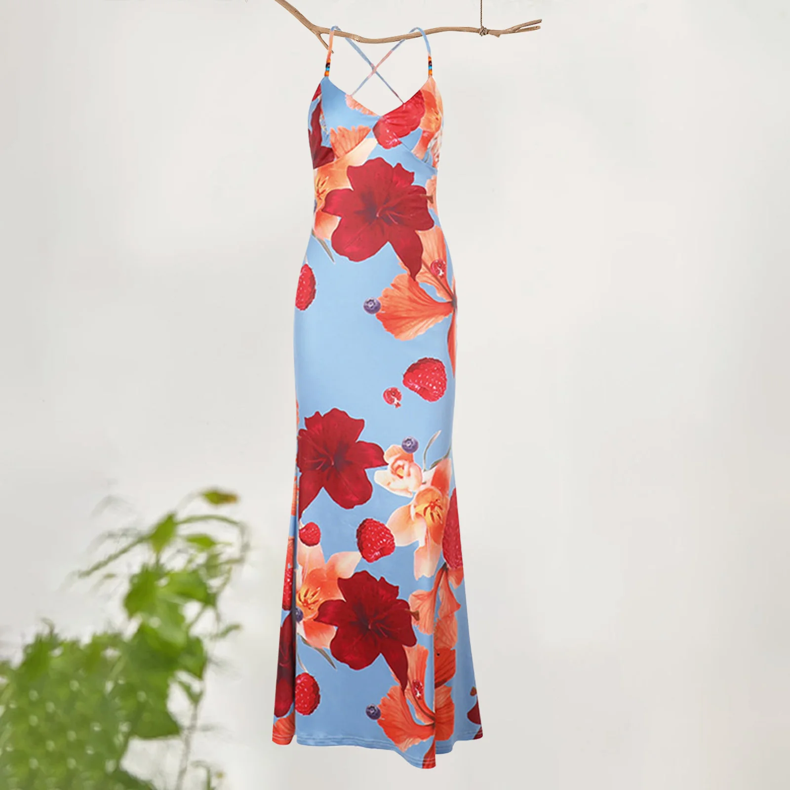 New Womens Floral Print Cami Dress Sleeveless Spaghetti Strap V-Neck Back Cross Slim Long Dress Club Street Style S M L