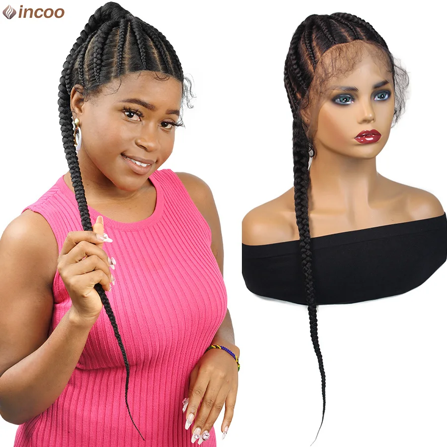 Handmade Cornrow Braided Wigs Full Lace Front Wig Synthetic High Ponytail Styles Hair Wigs 30 Knotless Box Braids With Baby Hair
