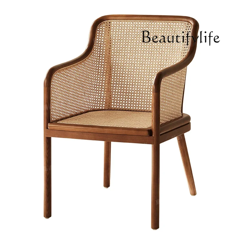

Solid wood antique leisure chair rattan retro high backrest B & B restaurant designer simple