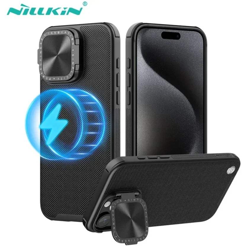 NILLKIN for iPhone 15 Pro Max Case MagSafe Magnetic Case Textured Prop Nylon Fiber Camera Foldable Stand Cover for iPhone15 Pro