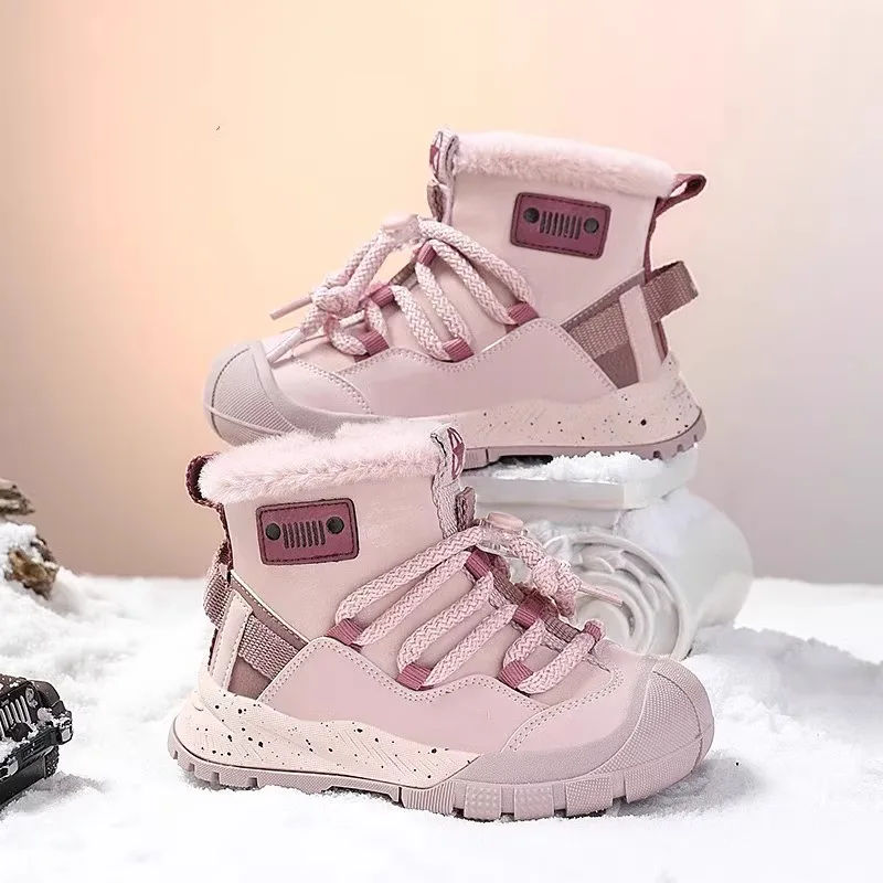 Girls Outdoor Fleece Lined Snow Boots, Toddler Warm Winter Ankle Boots with Side Zipper and Elastic Laces,Kids Boots Pink Style
