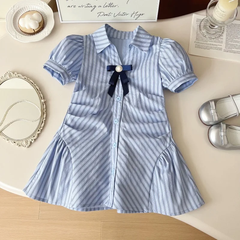 Summer Girls Dress Puff Sleeve Striped Kids Dress Korean Lapel Bow Children Dress 2024 New Toddler Girl Dresses 2 3 4 5 6 7Yrs