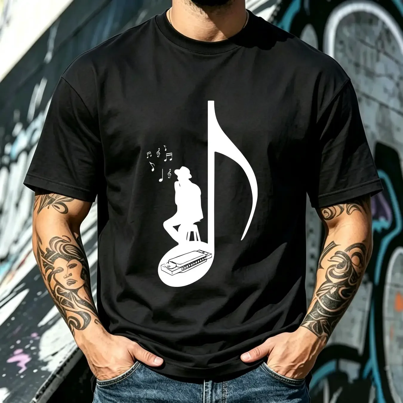 washed T Shirt Harmonica Player Harp For Man Woman Mouth Organ Instrument Blues Band Music Musician vintage Washed Versatile