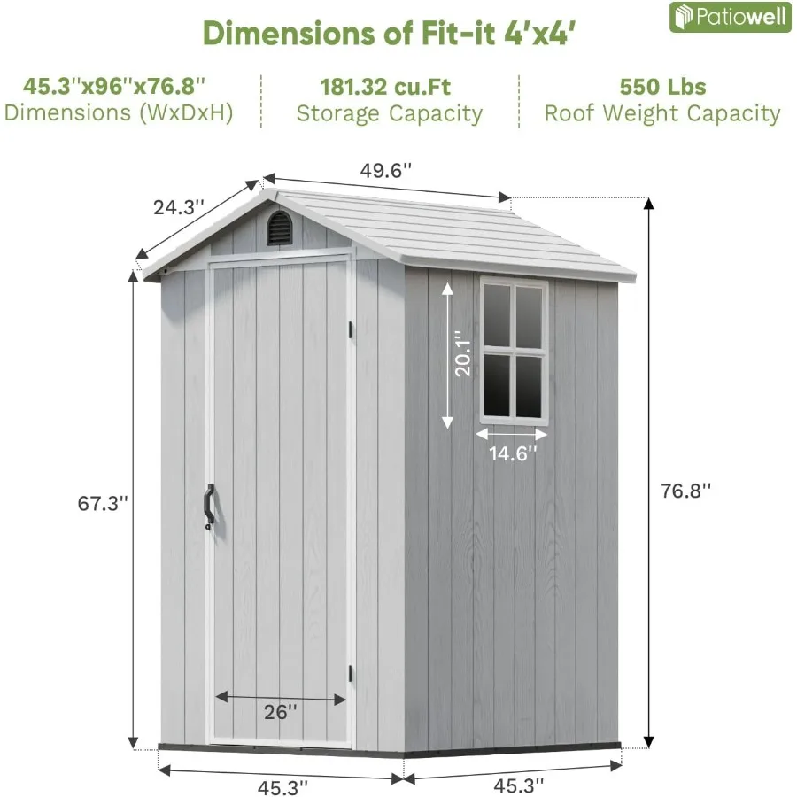 Outdoor Storage Shed For Yard Use, Resin Material, Light Grey Color, Includes Floor And Weather Resistance