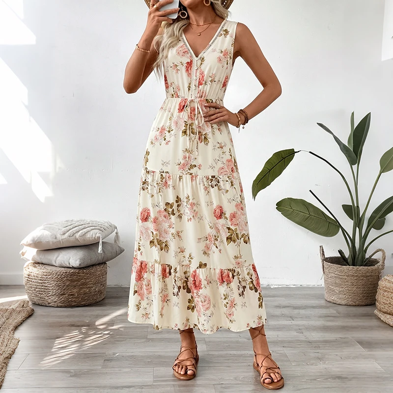 Women Floral Print Sleeveless Midi Dress V Neck Lace Trim Drawstring Waist Tiered Ruffle Flowy Summer Beach Dresses