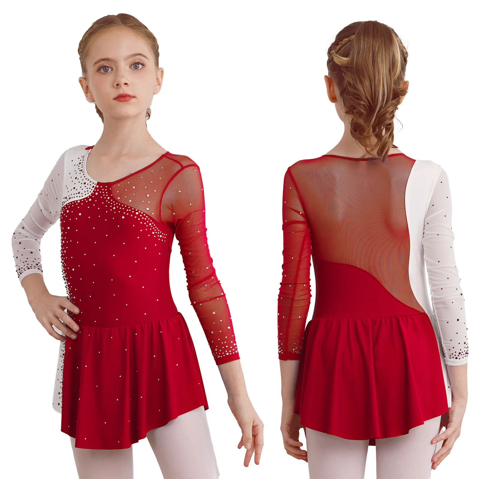 Child Girls Figure Skating Clothes Ballet Dance Dress Dancewear Long Sleeve Shiny Rhinestone Sheer Mesh Gymnastics Leotard Dress