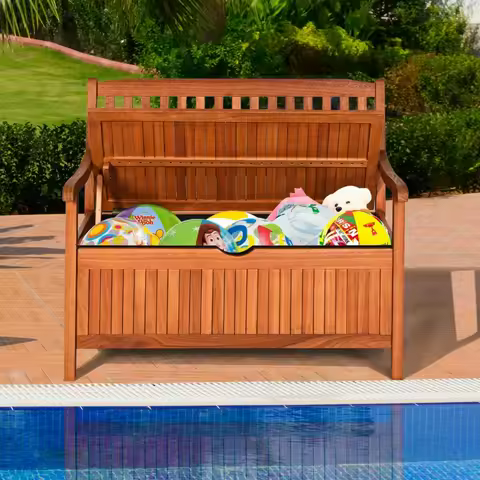 42'' Storage Bench Deck Box Solid Wood Seating Container Tools Toys W/Backrest