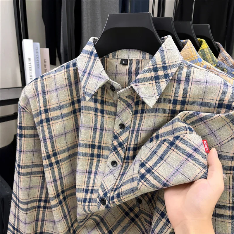 Herren-Hemd mit Revers und Karomuster, langärmlig, klassisches Gittermuster, Button-Down, lässiges Oberteil für den Alltag, Outdoor, Pendeln, lockere Passform