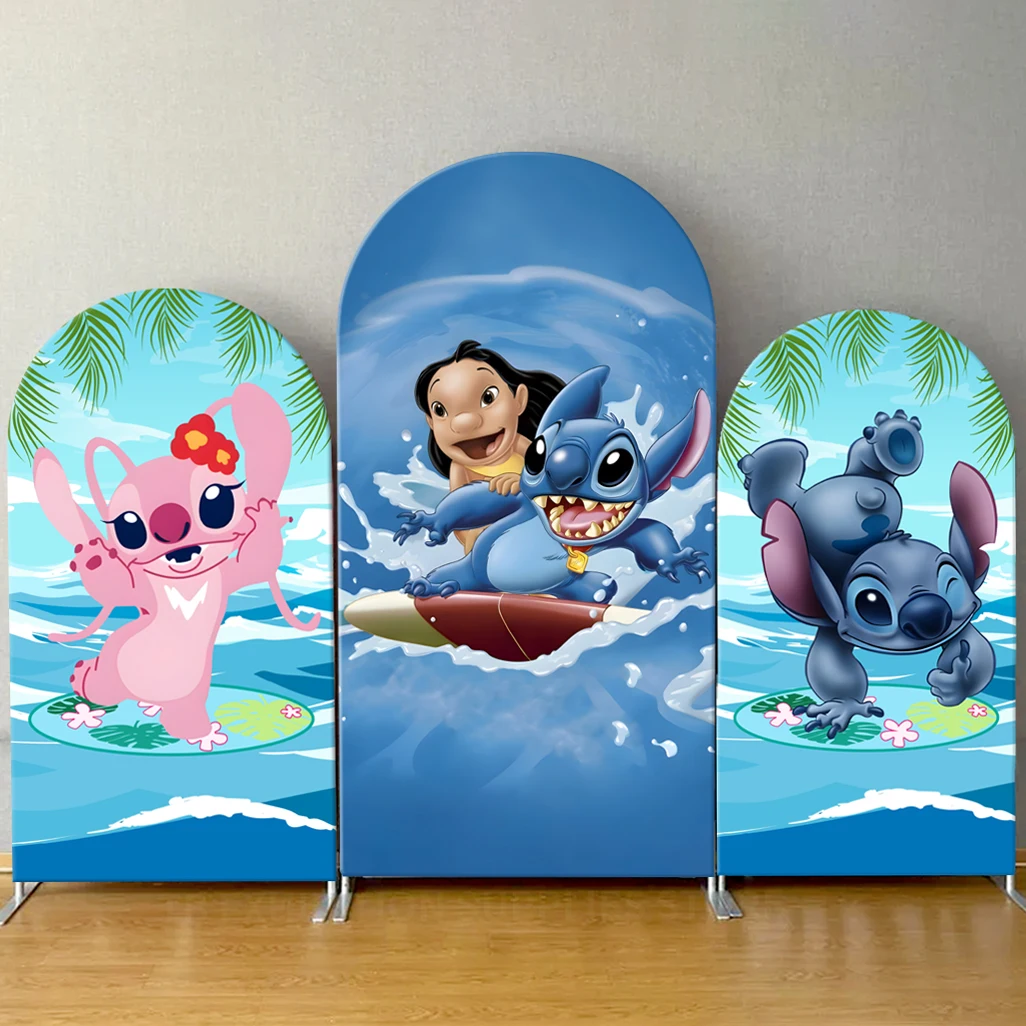 

Disney Theme Stitch and Angel Arch Backdrop Cover for Kids Birthday Party Baby Shower Decoration Photo Background Elastic Fabric