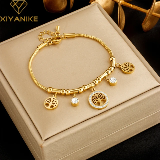 XIYANIKE bransoletka ze stali nierdzewnej 316L złote drzewo życia biała cyrkonia wisiorek akcesoria dla kobiet prosta biżuteria na prezent Pulsera