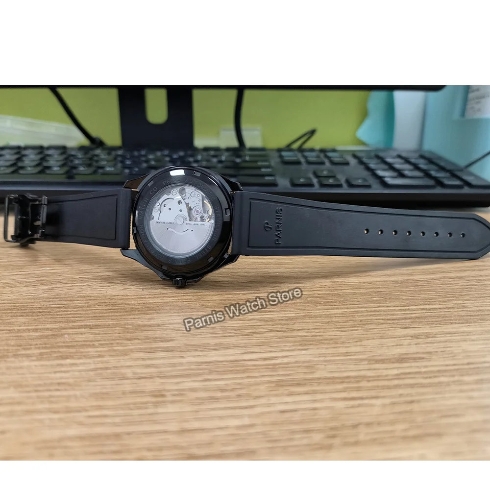 Parnis 39mm relógio de pulso masculino miyota8215 relógio mecânico automático luminoso caixa preta marcas mostrador verde com pulseira de couro