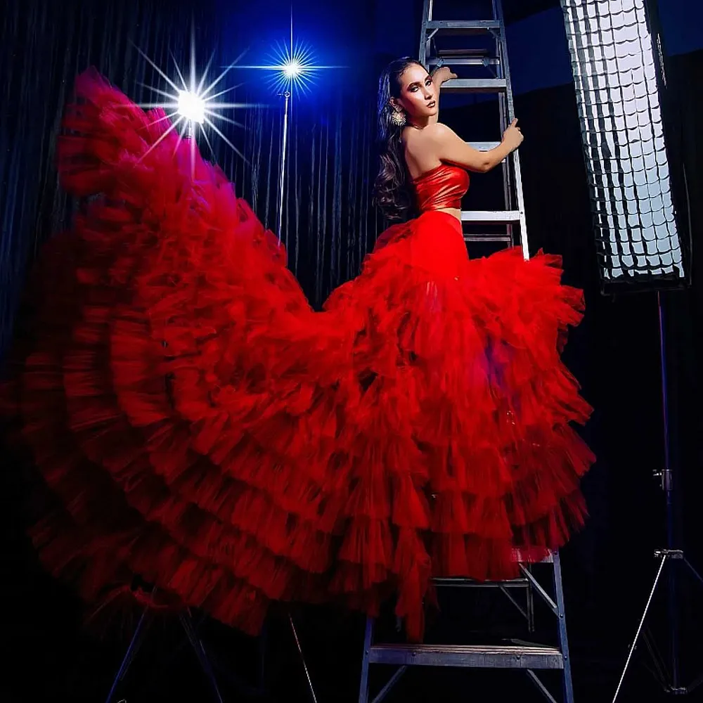 Saias longas de tule vermelho para mulheres, cintura alta, babados em camadas, saia inchada para meninas, férias, aniversário, foto, festa longa