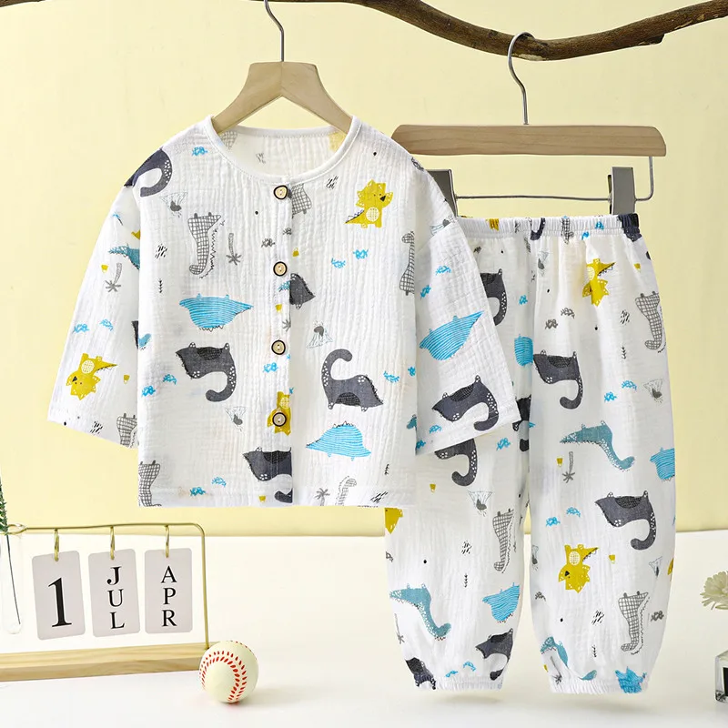 Boys Girls Outfit Clothes Baby Three-Quarter Sleeves Homewear Set Muslin Cotton Pajama Kids Suit Shirt Tops+Pants 2PC 0-12 Years