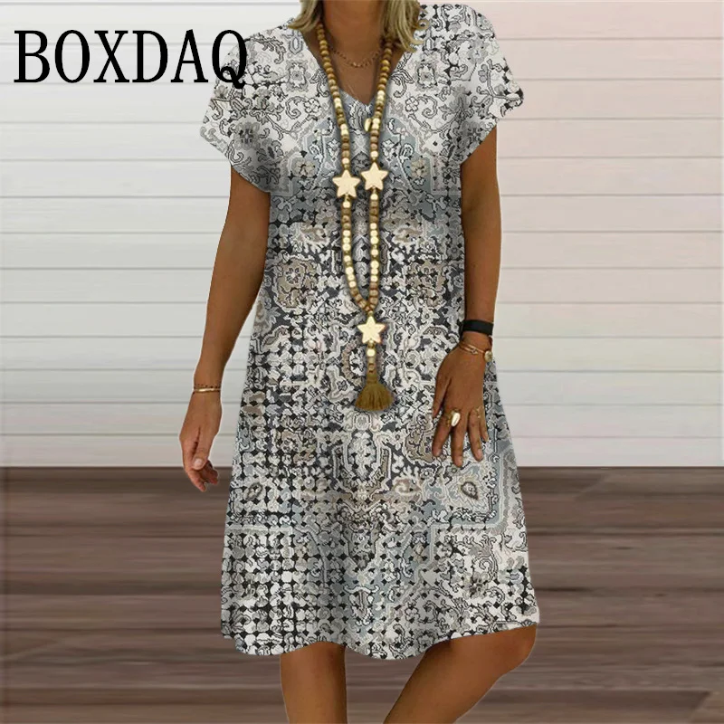 

Summer Vintage Ethnic Style Dress Women Loose Fashion Casual Floral Print Dress Short Sleeve V-Neck Ladies Midi Dresses Sundress