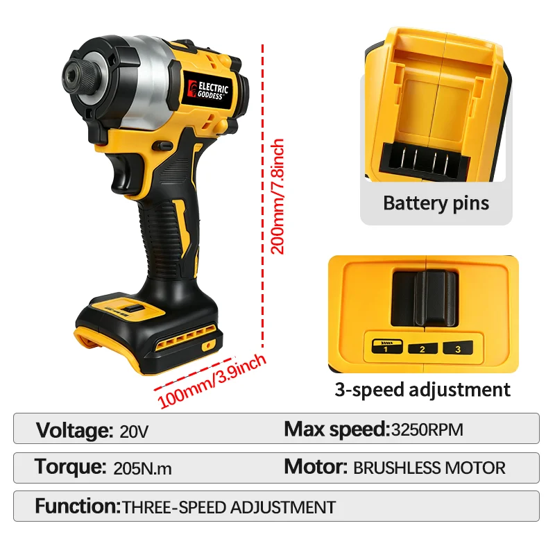 Brushless Electric Impact Screwdriver 3 Gear Cordless Multifunctional Rechargeable Power Tool For Dewalt 20V Battery Pin