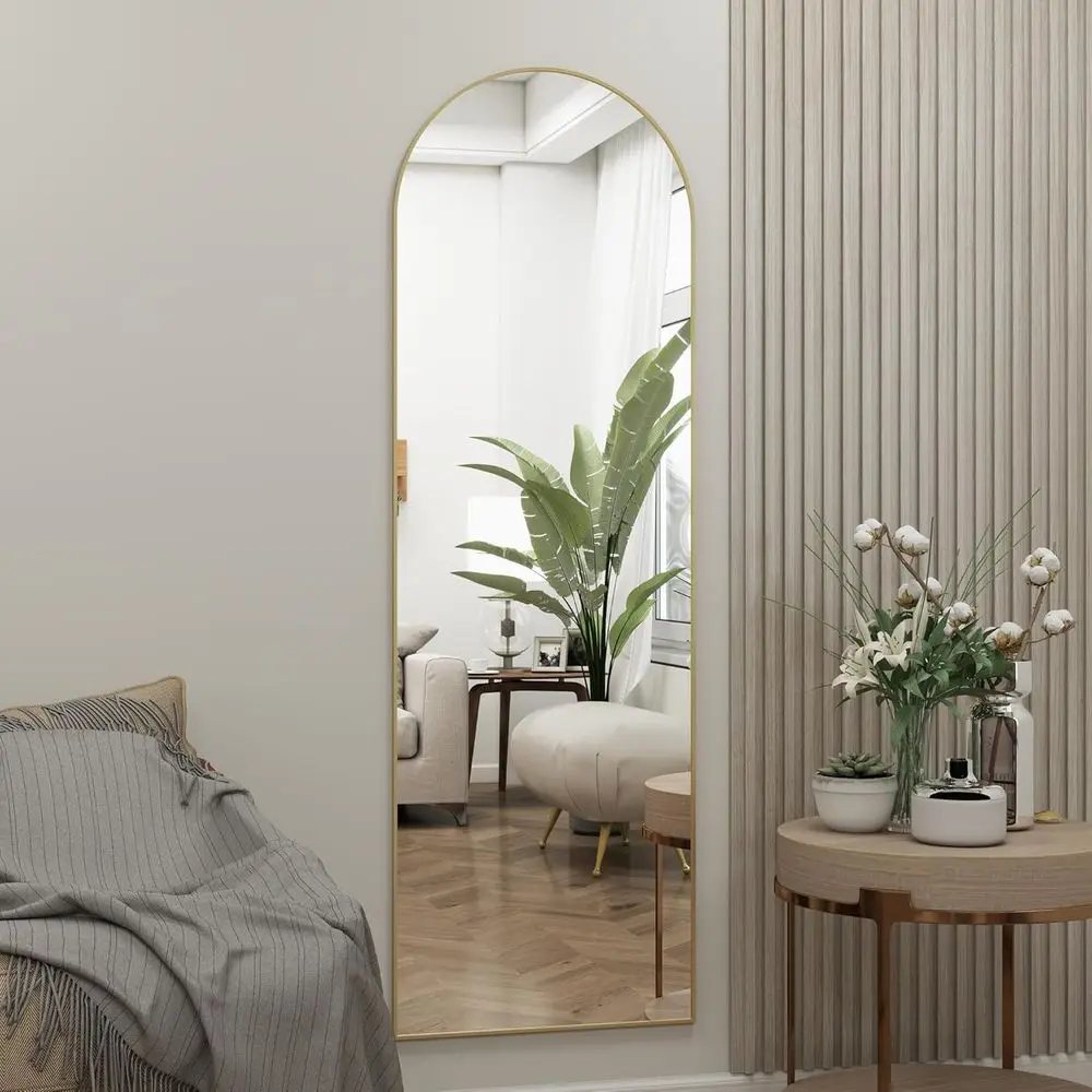 Gold Arched Door Mirror, 14x48 Full-Length Hanging or Wall Mirror for Full Body Reflection