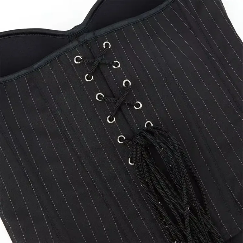 Women Black Striped Overbust Corset Bras Striped Office Costume Lace-Up Boned Zipper Corset Sexy Strapless Bustier Top