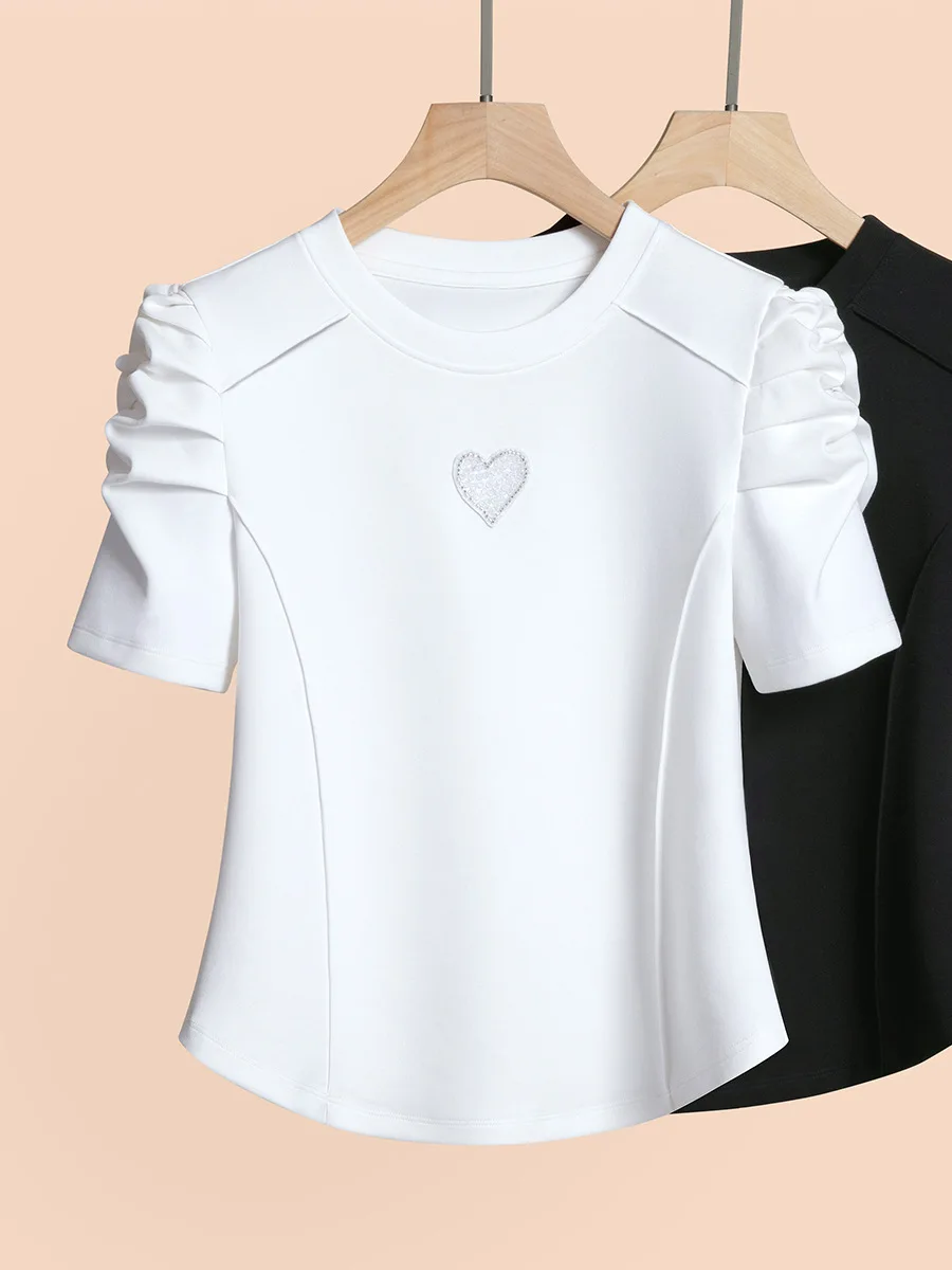 

Tops Woman 2024luxury Designer Heart Studded French Style Bubble Sleeves Summer T Shirts for Women 2024 White Shirts Y2k 3xl