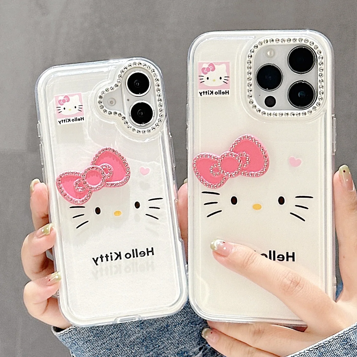 

Sanrio Hello Kitty diamond studded cute bow phone case for iPhone 13, 14, 15, 16pro Max dual safety shock resistant phone case