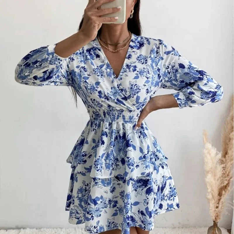 

Women's Sexy V Neck Long Sleeve Mini Dress Boho Floral Print High Waist Elegant Women Clothing Ruffle Office Party Dresses Robe