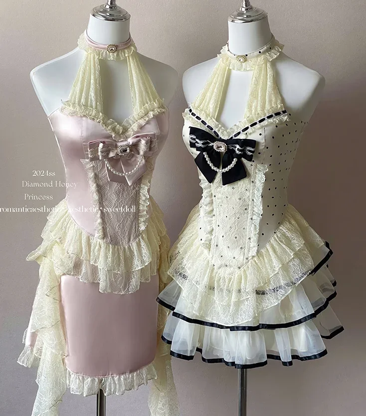 Princess Exquisite French Romantic Hanging Neck Sweet Bow Pink Halter Top Slim Vest Mini Skirt Women\'s Organza Cake Skirt Set