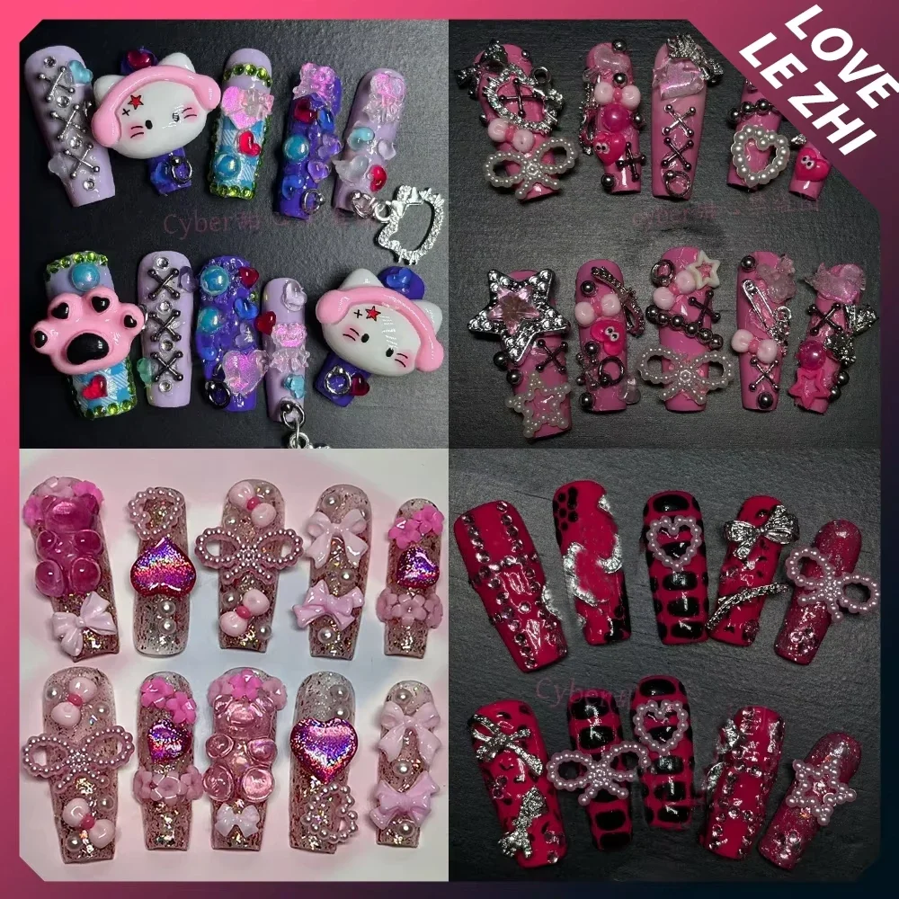 

10Pcs Spicy Girl Y2K Cartoon Handmade Long Coffin Press On Nails Glisten Diamond Bowknot Flowers Pentagram Wearable False Nail