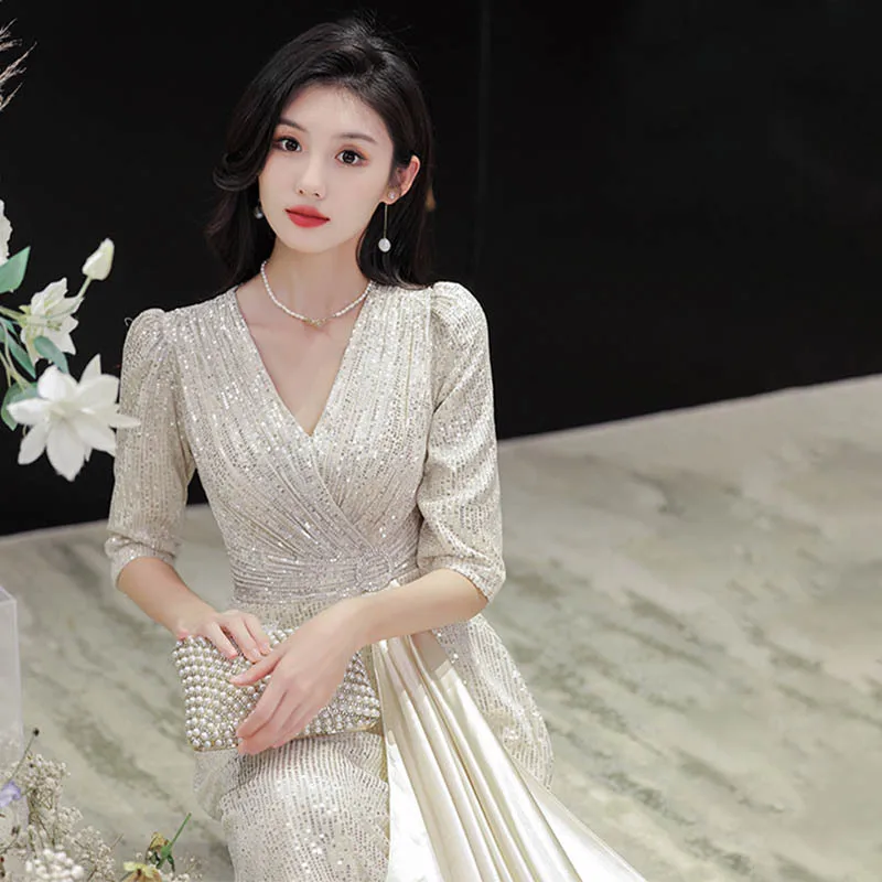 여성용 샴페인 이브닝 원피스, 연회, 품격 있는 레이디, 연회 주최자, 긴팔, 가을