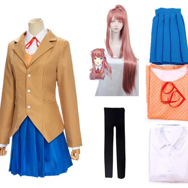 Doki Doki Văn Học Câu Lạc Bộ Monika Sayori Yuri Natsuki Cosplay Đồng Phục Game Trang Phục Bên Ngoài Áo THUN THẮT NƠ Tóc Giả Cổ