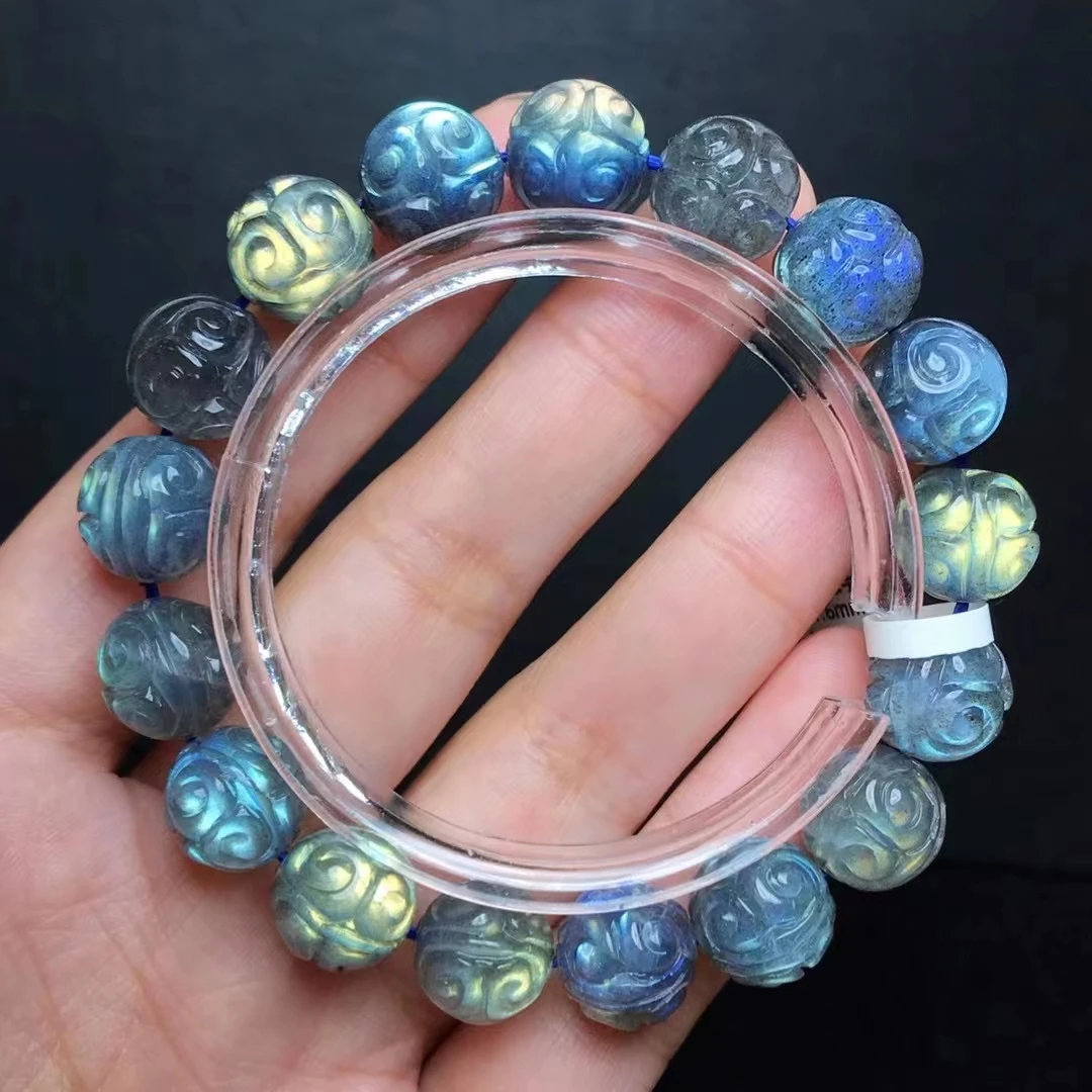 

Natural Blue Light Labradorite Clear Carved Flower Beads Bracelet 12mm Women Men Colorful Labradorite Grey Moonstone AAAAA